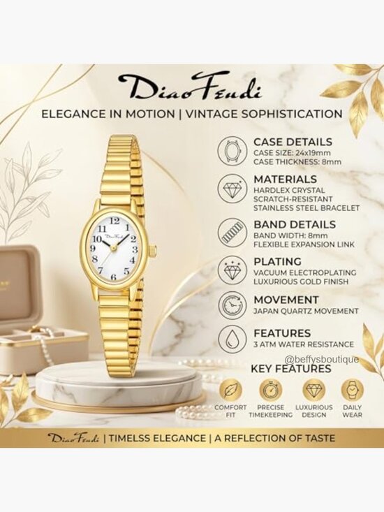 Ladies Quartz Watch Expansion Band 3 Sizes S/M/L Water Resistant Gold main image 3